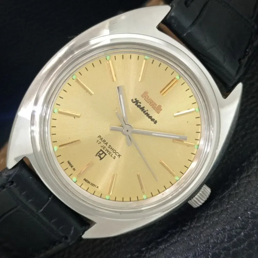 Vintage 1975 HMT Manual Wound Mens Silver Watch & Gold accents